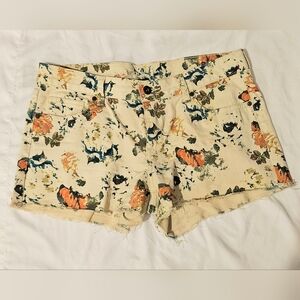 Arizona Floral Cutoff Denim Shorts Size S Cream Distressed Raw Hem Boho